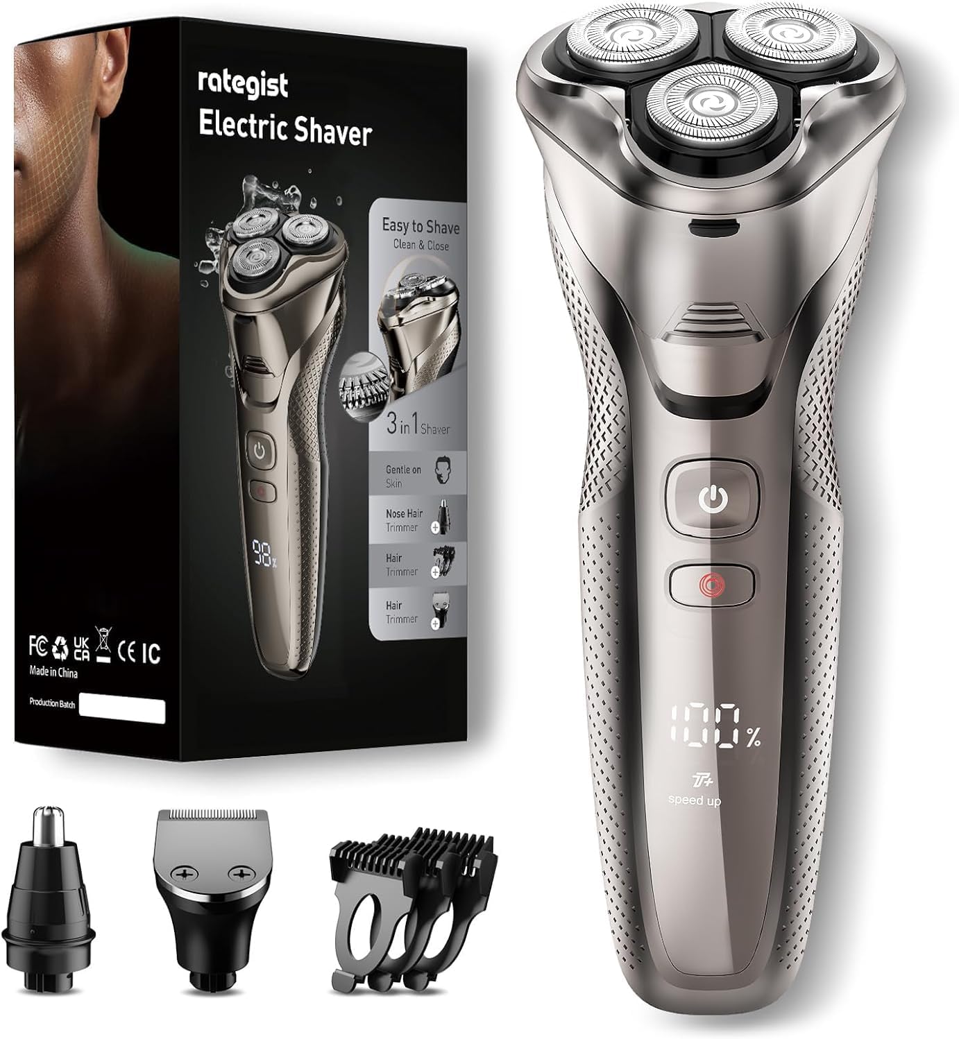 Cordless Electric Razor for Men: 3-in-1 Shaver for Beard/Nose/Sideburns - IPX7 Waterproof Travel Kit - Turbo Speed & Precision Blades,Bright Silver