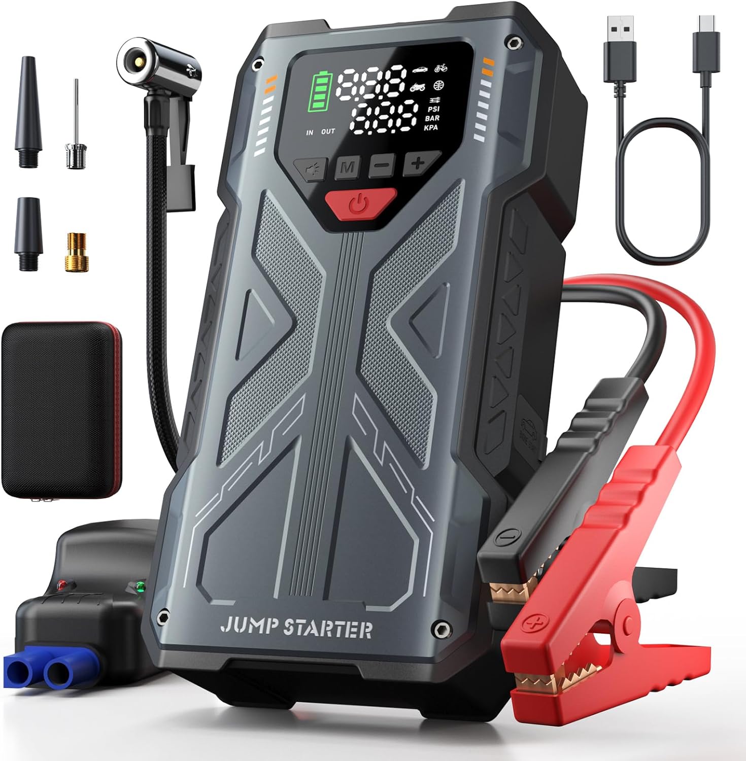 Jump Starter with Air Compressor 4000A, Emergency Car Jumper Starter Portable(8.0L Gas/6.5L Diesel) with 150PSI Auto-Shutoff Tire Inflator, 12V Jump Box Car Battery Booster Power Pack with QC3.0, LCD